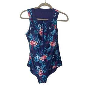 ModCloth Floral Zip-Front One Piece Swimsuit Purple Blue Large
